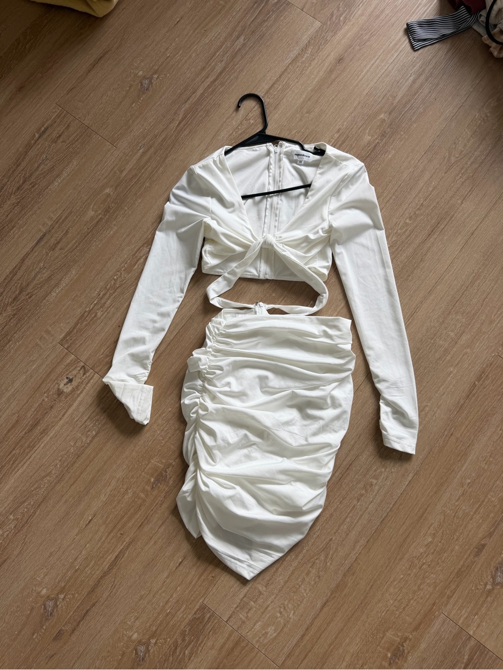 Long sleeve White Ruched Dress w Wrap/Cutout
